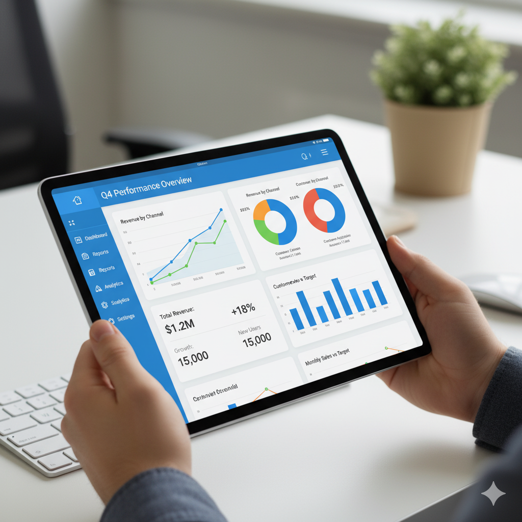 Dashboard on a tablet showing analysis reports