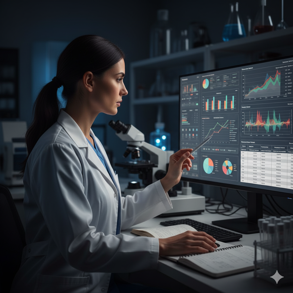 A scientist looking at clinical data on a computer screen