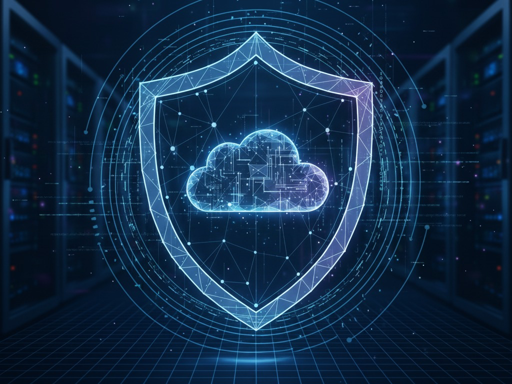 A digital shield graphic representing cybersecurity and cloud native technology