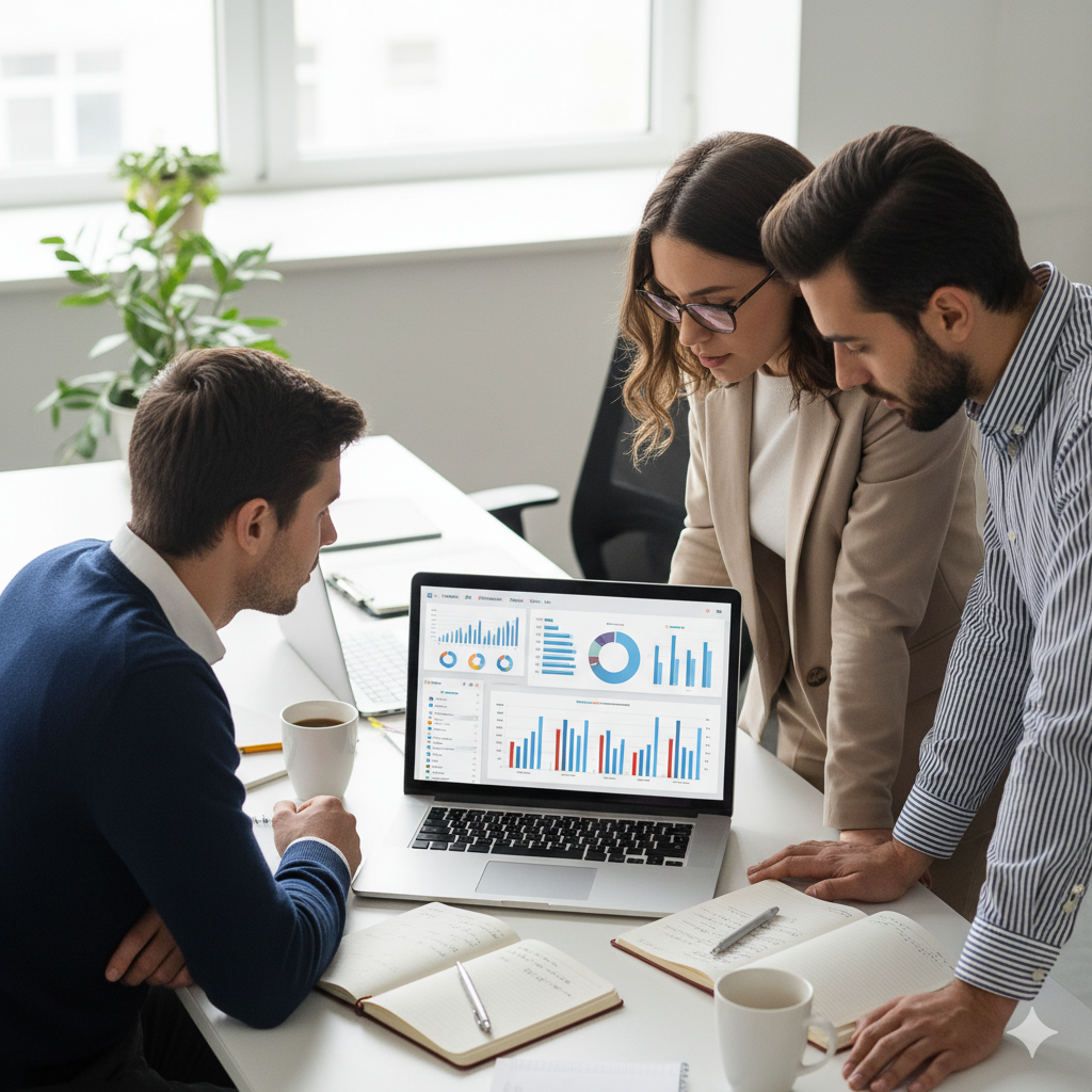 A team analyzing charts on a laptop