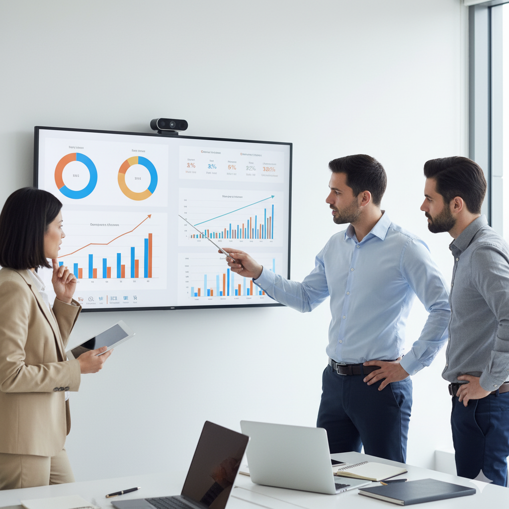 A team discussing charts on a large screen