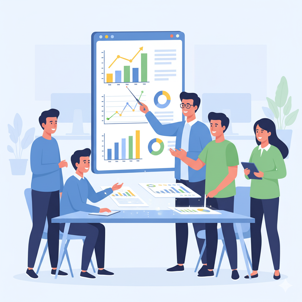 Illustration of people looking at charts and graphs for performance testing
