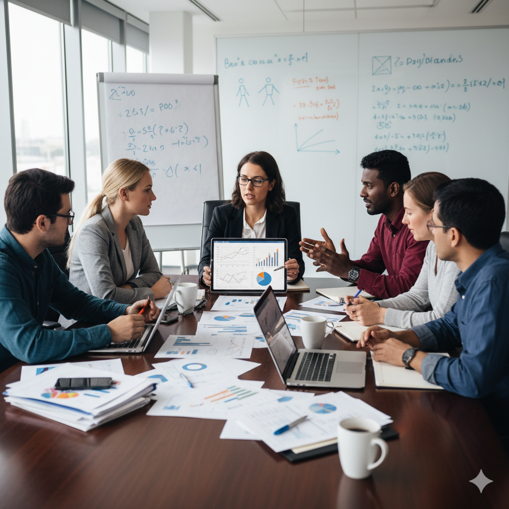 A team of statisticians collaborating around a table with charts