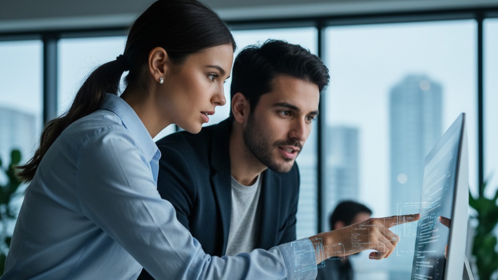 Two people collaborating on a computer