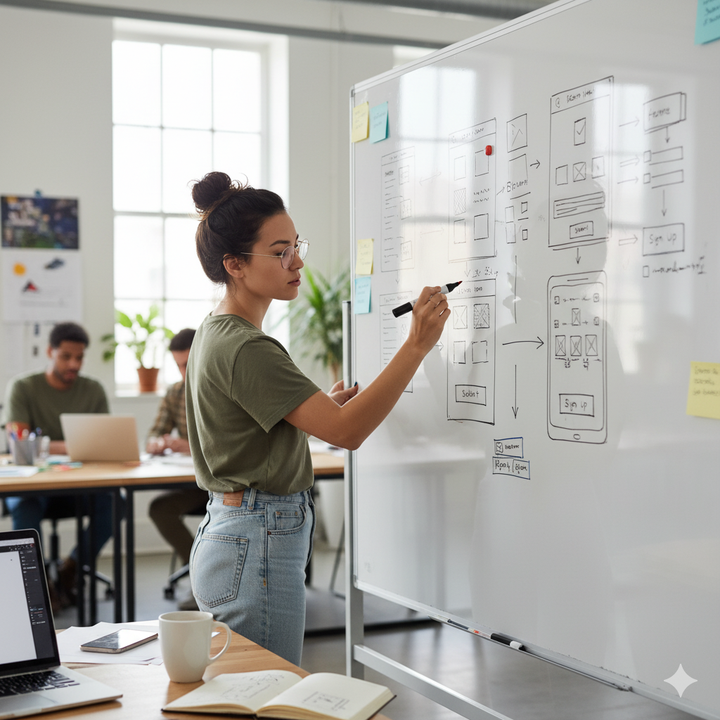 A designer sketching wireframes on a whiteboard